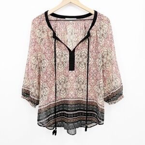 Daniel Rainn Paisley Peasant Blouse Boho Tassel Tie 3/4 Sleeve Artsy Free Spirit